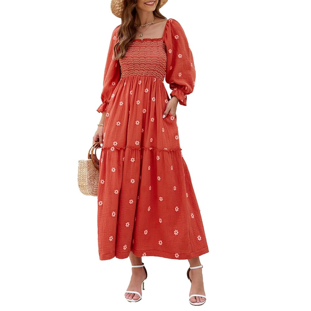 Women Floral Embroidered Maxi Dress Long Puff Sleeve Square Neck Bohemian Flowy Dress with Pocket... | Amazon (US)