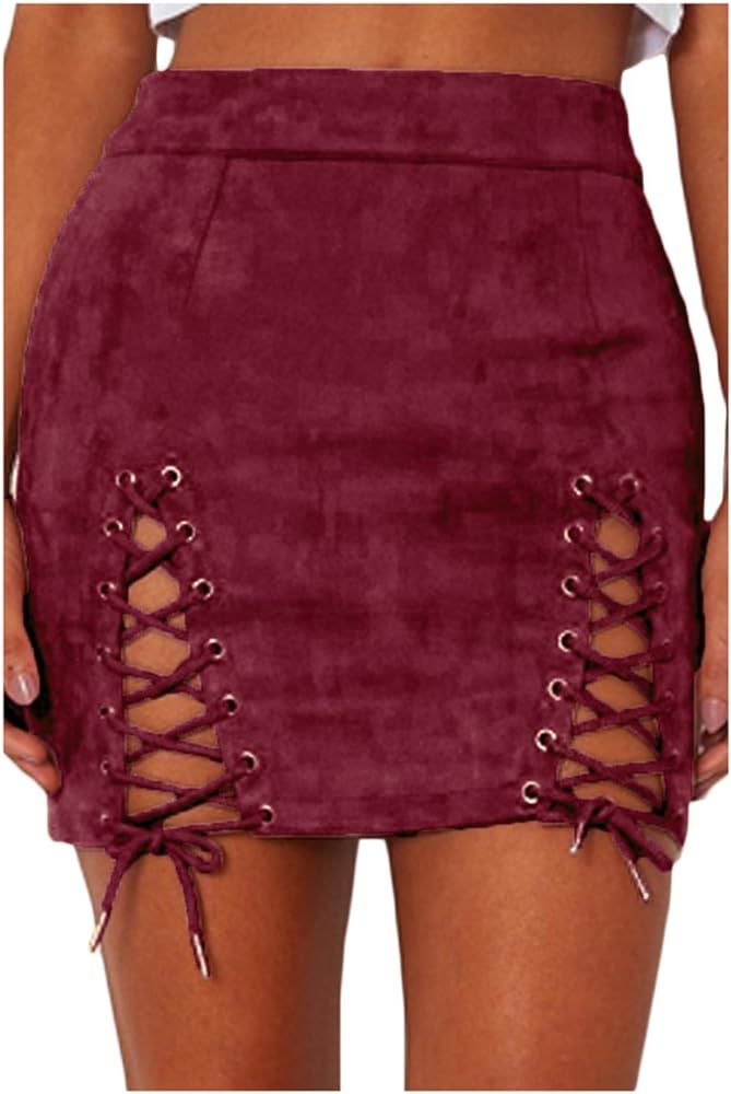 Meyeeka Womens Sexy High Waist Lace Up Bodycon Faux Suede Split Tight Mini Skirt | Amazon (US)