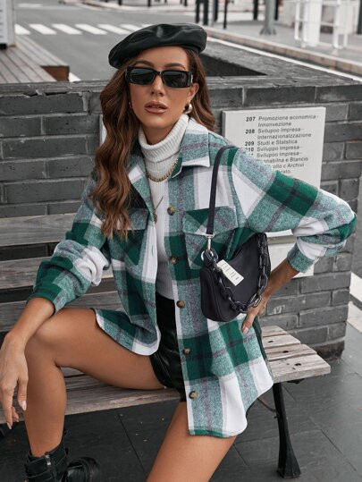 Flap Pocket Plaid Shacket | SHEIN