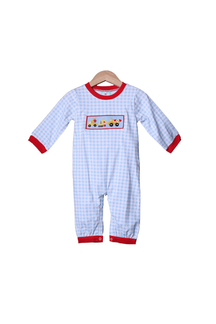 Smocked Construction Heart Blue Gingham | The Smocked Flamingo