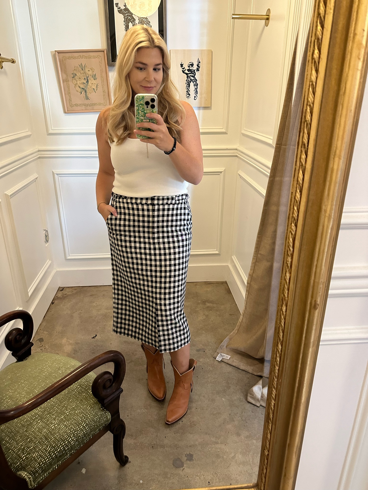 City Boots event. Nashville fashion. Gingham skirt. Upscale country. Cowgirl fashion. Boots with skirt. Fashion inspo. Outfit inspo. 