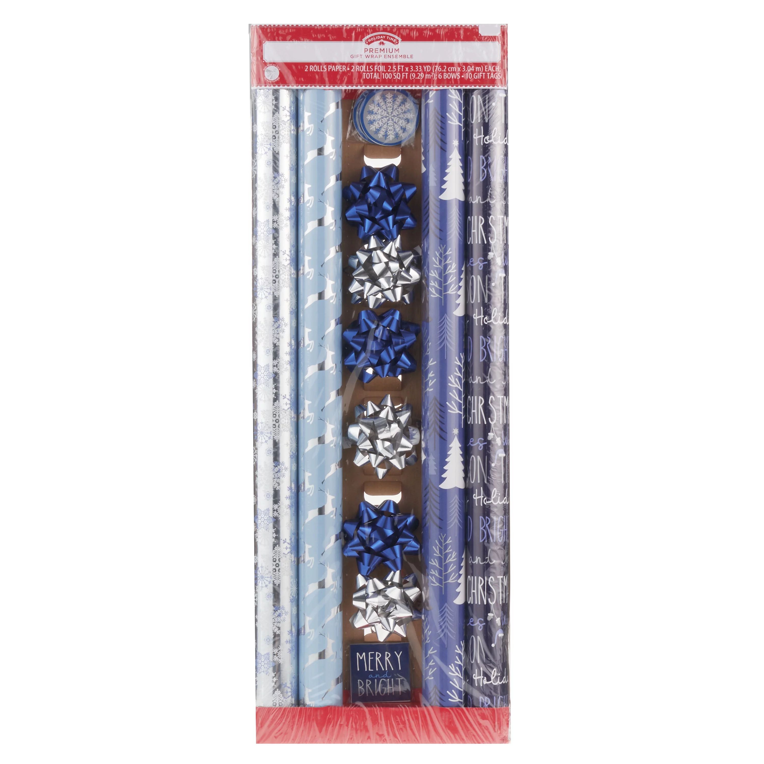 Holiday Time Premium Foil & Paper Gift Wrap Ensemble, Blue and Silver - Walmart.com | Walmart (US)