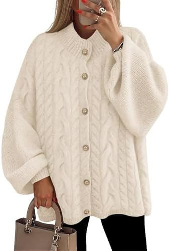 ZESICA Women's Button Down Cardigan Sweaters 2025 Fall Lantern Long Sleeve Mock Neck Chunky Knit ... | Amazon (US)