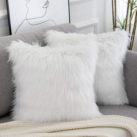 Fluffy White Faux Fur Pillow Covers - Set of 2 Cozy and Soft 18x18 Inch Invisible Zipper | Walmart (US)