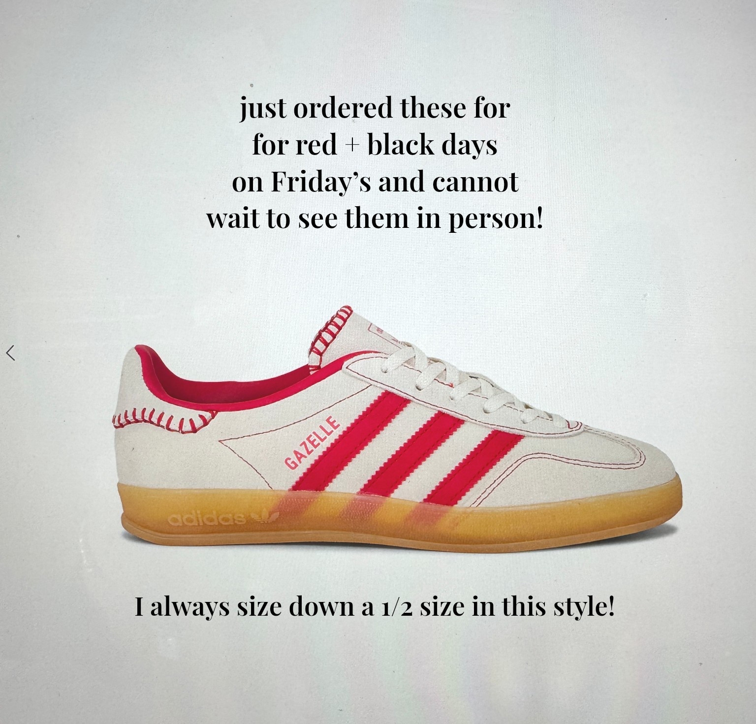 adidas gazelles in red + cream?! Yes please! These are going to go with so much… especially game days!

#LTKStyleTip #LTKShoeCrush