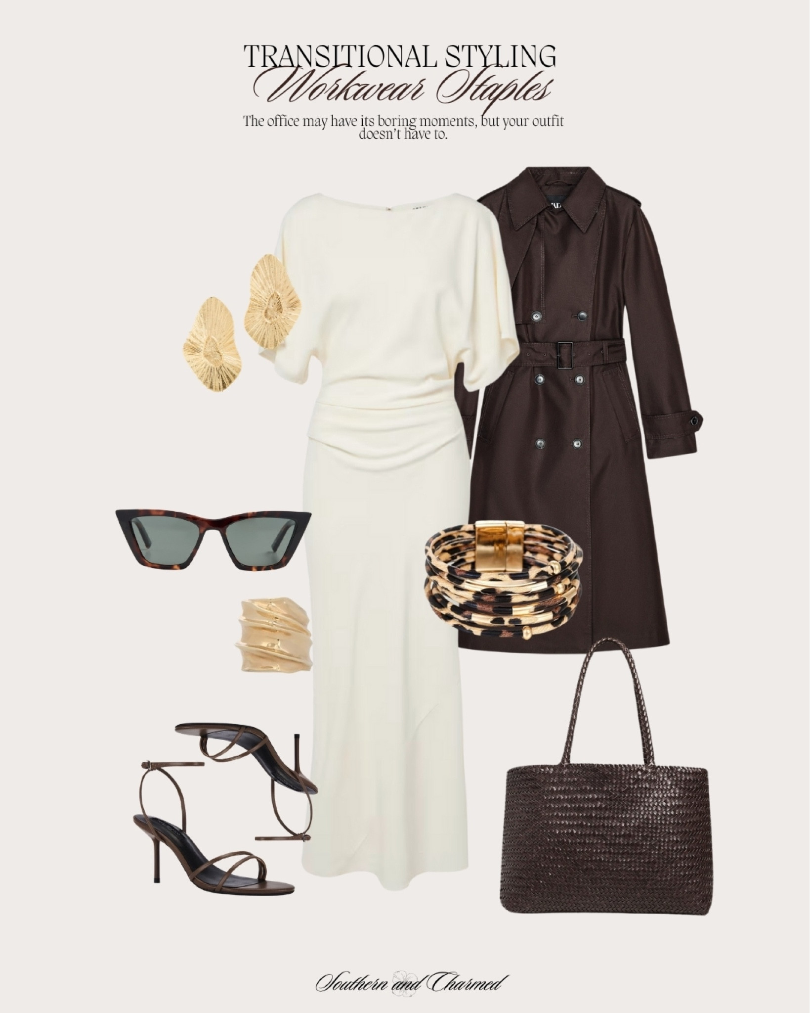 Transitional workwear, cream midi dress, chocolate brown trench coat, leopard, chocolate brown purse 

#LTKWorkwear #LTKStyleTip #LTKSeasonal