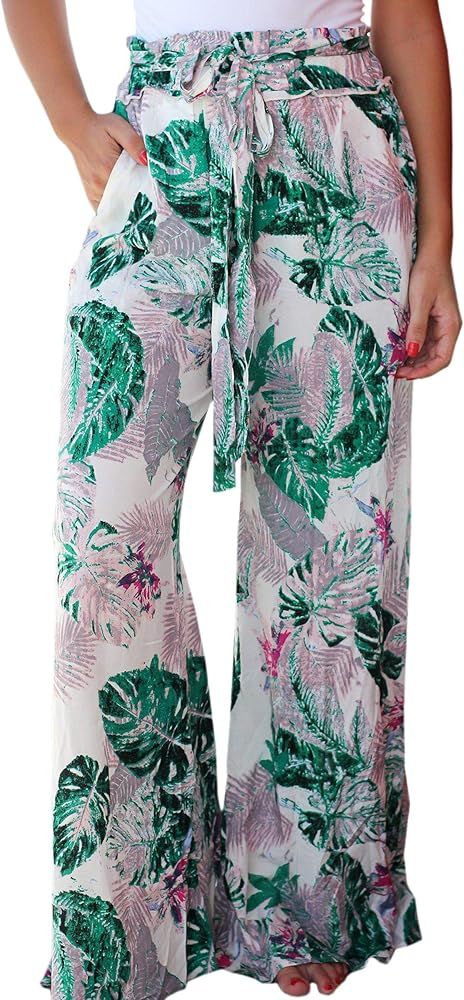ECOWISH Women's Casual Floral Print Belted Summer Beach High Waist Wide Leg Pants with Pockets | Amazon (US)