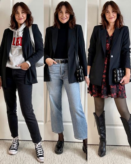 Outfit ideas for my fave black blazer! Fits tts and comes in tons of colors and sizes XS - 5X
Errand outfit: wearing my usual size 4 in the jeans and S in the hoodie, size down 1/2 in Converse! 
Lunch outfit: I sized up to M in the turtleneck for more sleeve length, for my usual size 27 in the jeans and the loafers fit tts, go up if between.
Date night outfit: wearing S in the dress, cowboy boots also fit tts, fleece lined tights that look like sheer nylons are one size, fits XS-L, 5’ 8” and under 
Both bags are from Amazon


#LTKstyletip #LTKshoecrush #LTKHoliday