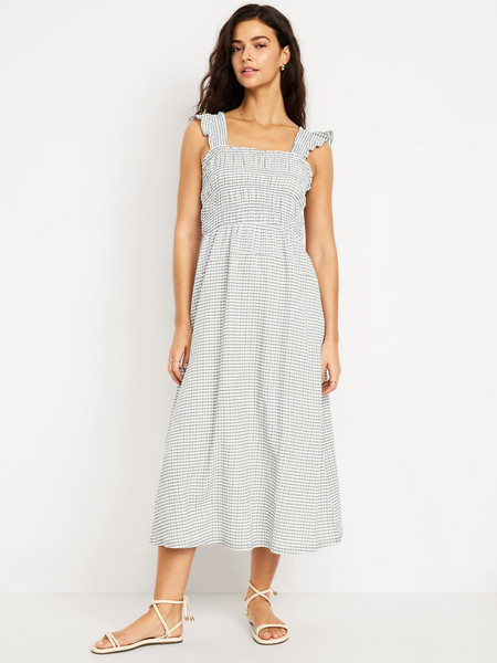 Fit & Flare Lightweight Smocked Gingham Midi Dress | Old Navy (US)