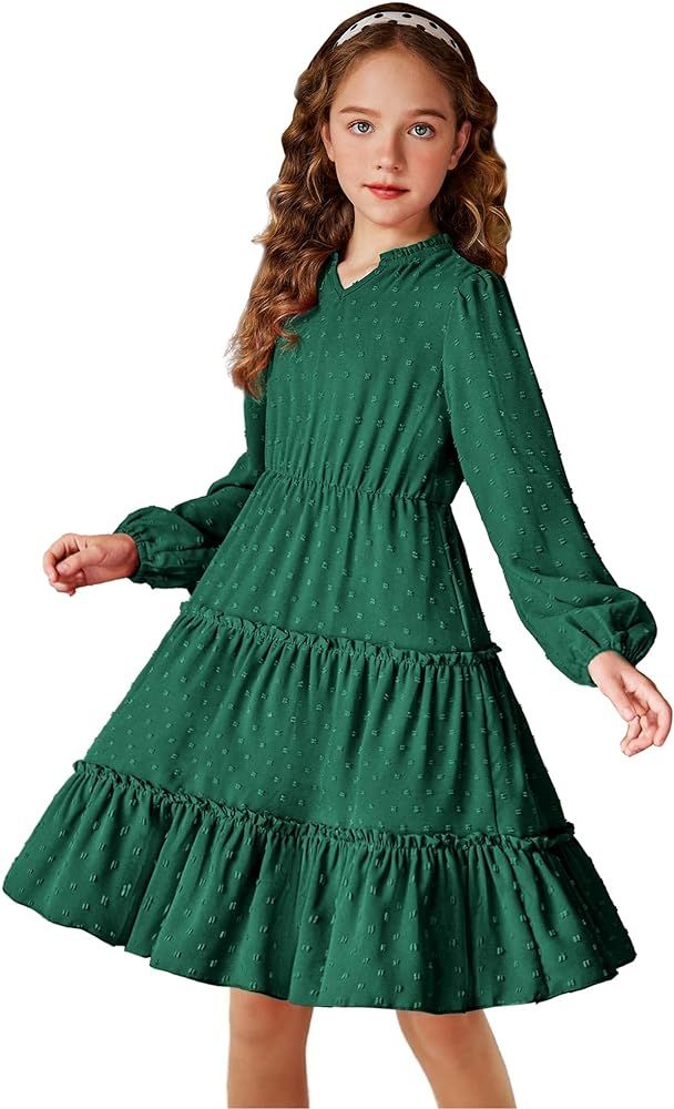 Arshiner Girls Dresses Long Sleeve Swiss Dot V Neck Ruffle Tiered Casual Party Dress | Amazon (US)