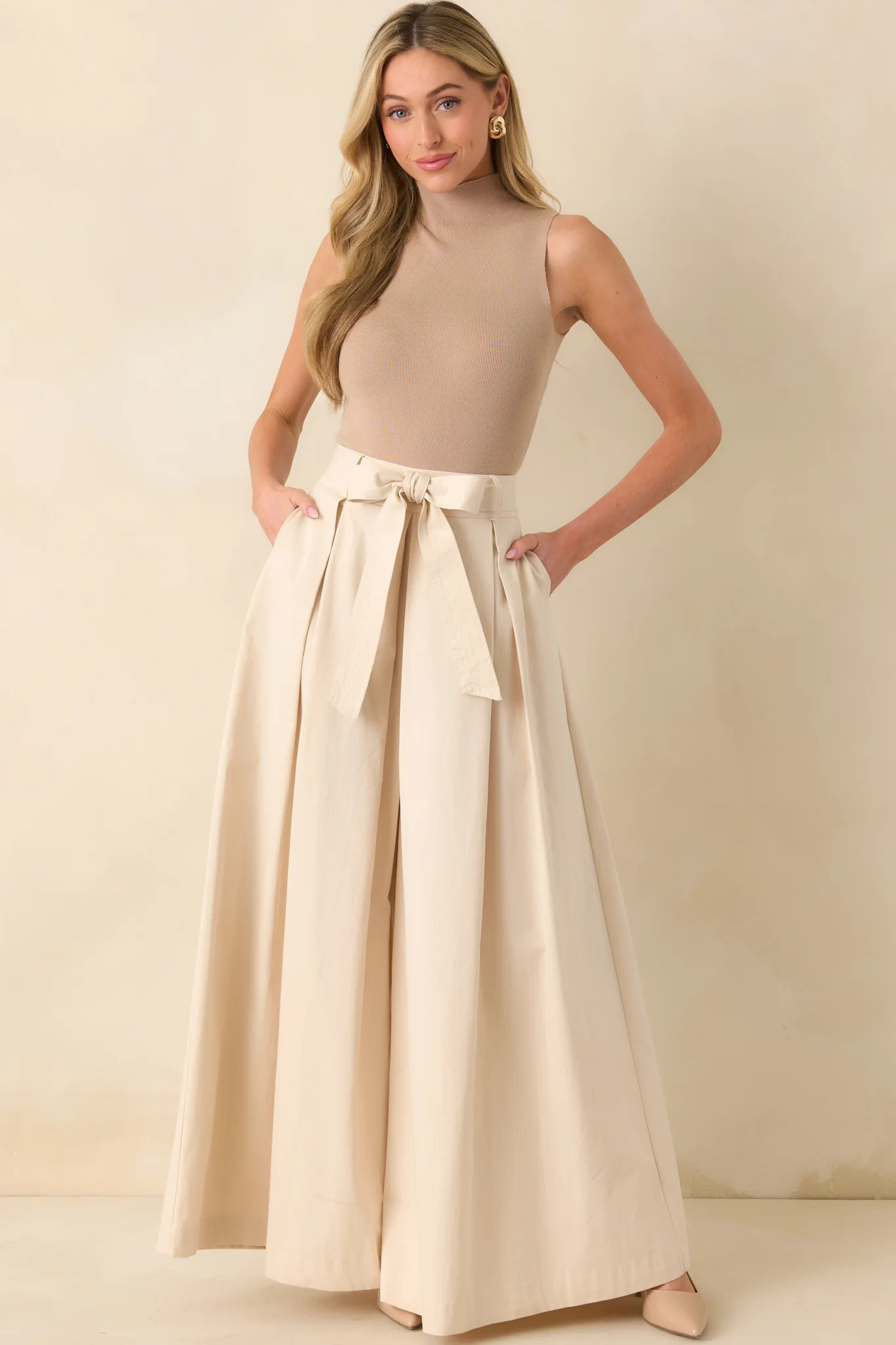 Taking Time Off Ecru Cotton Belted Palazzo Pants | Red Dress