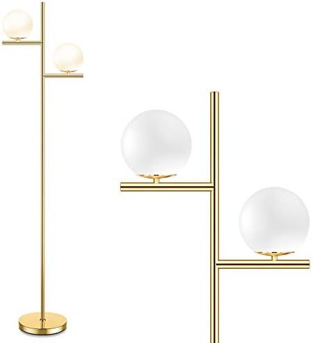 Mid Century Floor Lamp - 2 Globe Modern Standing Lamp with Foot Pedal, Frosted Glass Stand Up Lig... | Amazon (US)
