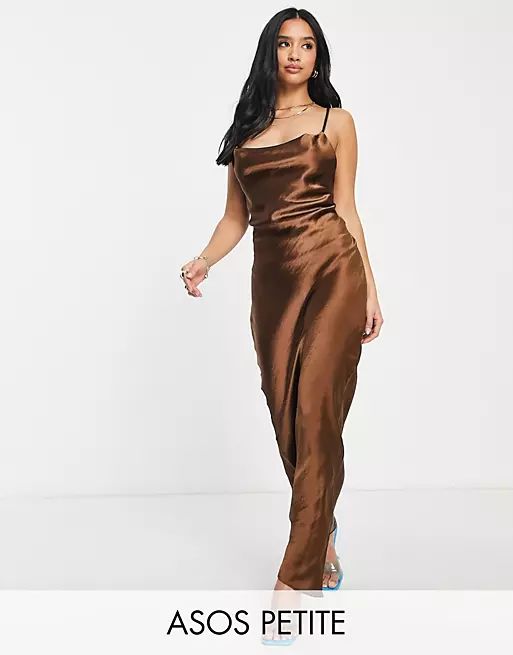 ASOS DESIGN Petite cami maxi slip dress in high shine satin with lace-up back in chocolate | ASOS | ASOS (Global)