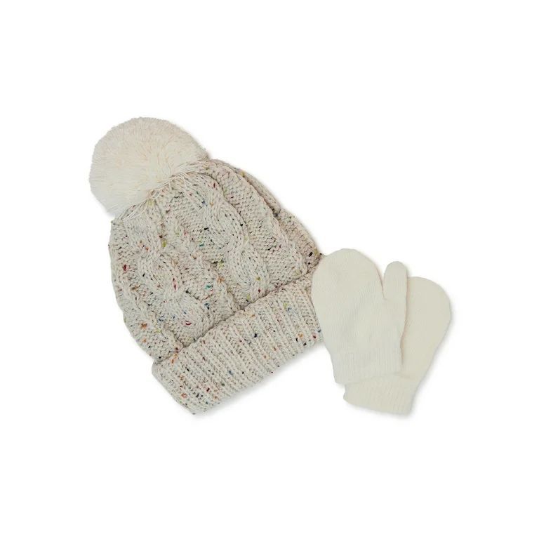 Wonder Nation Toddler Cable Knit Beanie Hat and Mittens Set, 2-Piece Set | Walmart (US)