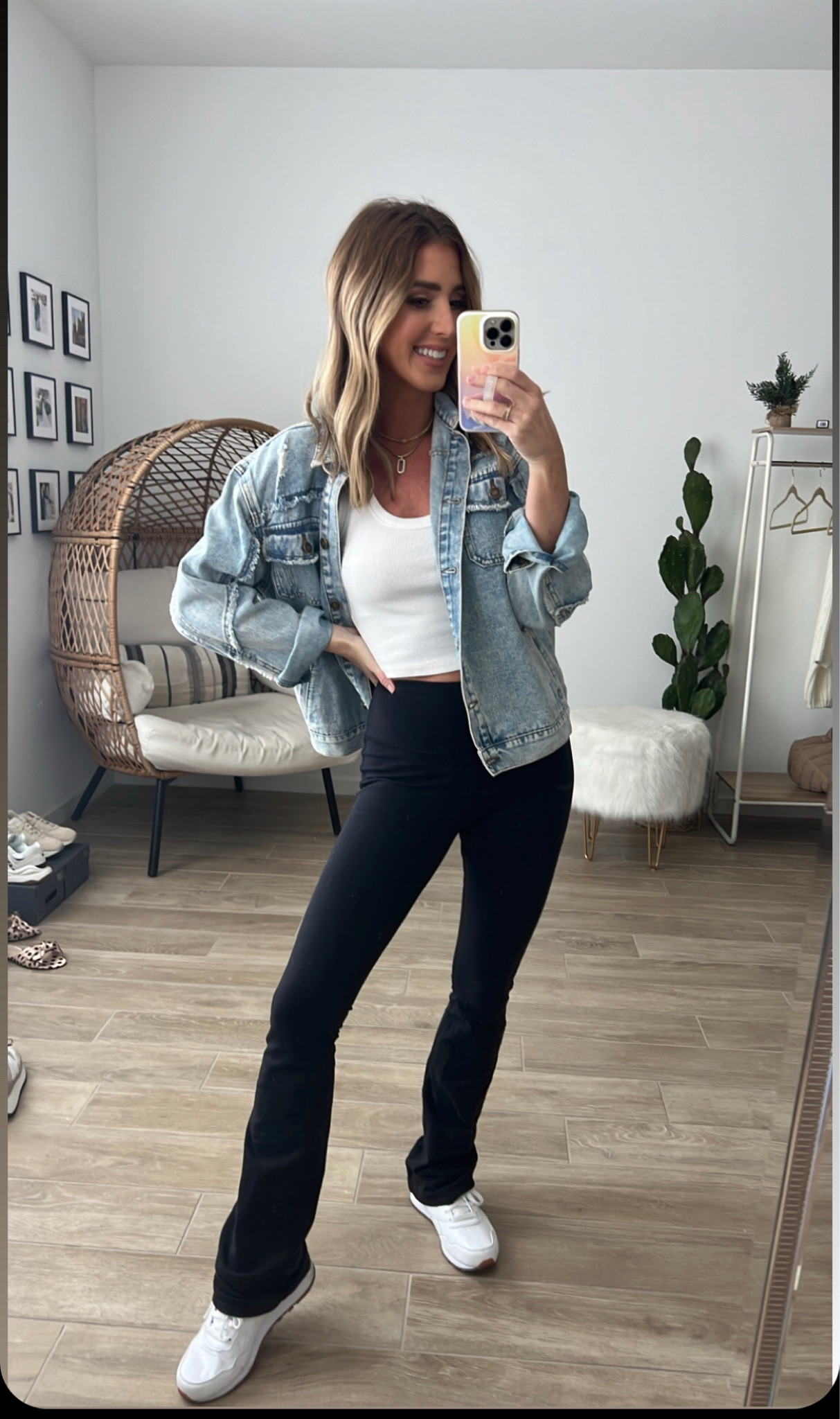 I wear these Alo bootcut leggings more than anything! They’re ON SALE 30% off today!! They’re the best stretch cotton material, they fit perfectly (more high rise!). They run true to size. I’m always an XS in the brand and am wearing XS. My white cami is so comfy!! Runs tts. Denim jacket is old so I linked a similar one. White sneakers are an Amazon find and run tts 

Casual outfit 
Boot cut leggings
Ribbed tank top 
Abercrombie 
Alo
Denim jacket 
Amazon find 
White sneakers 
Amazon fashion

#LTKshoecrush #LTKsalealert #LTKunder100