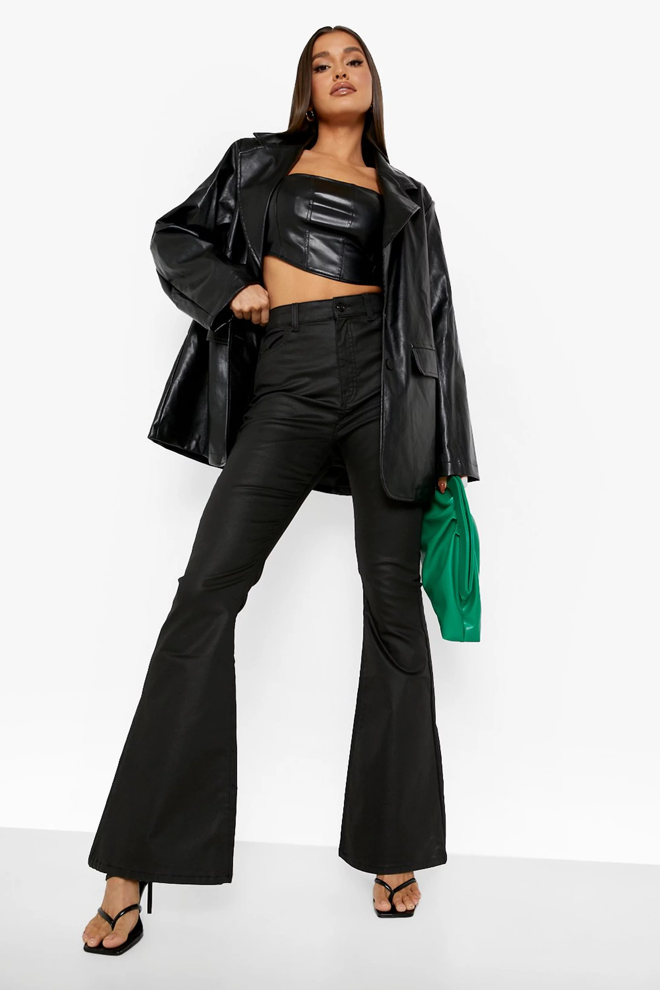 Faux Leather High Waist Flared Jeans | Boohoo.com (US & CA)