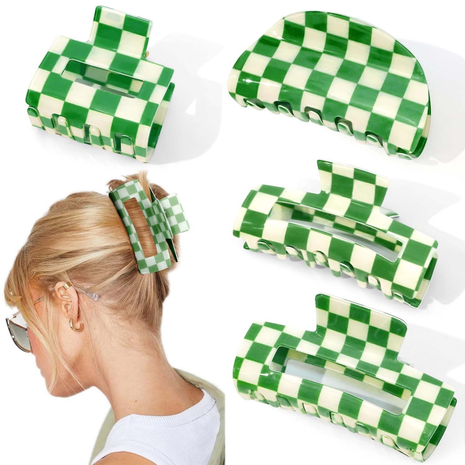 CHANACO Checkered Claw Hair Clips 4 Pcs Large Clips for Thick Hair Green Tortoise Barrettes Y2K A... | Amazon (US)