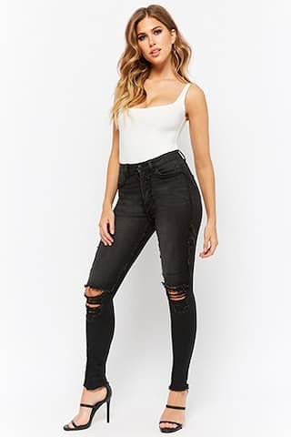 Distressed Super Skinny Frayed-Trim Jeans | Forever 21 (US)