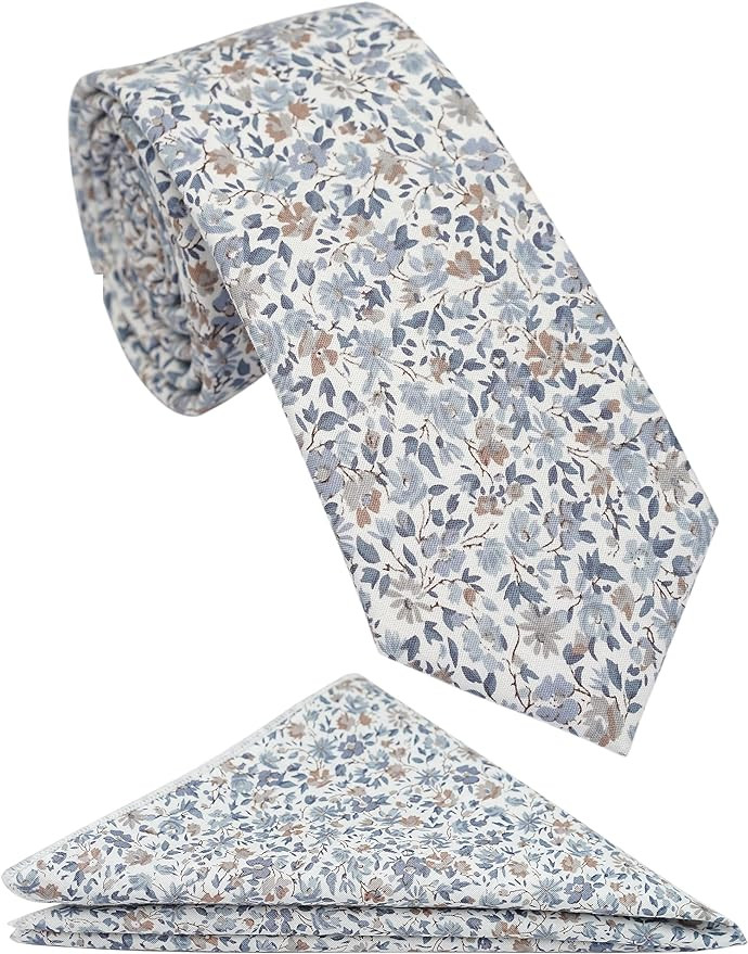 ZENXUS Mens Casual Skinny Floral Tie Combo Set with Flower Pocket Square 2½" Cotton Necktie Hand... | Amazon (US)