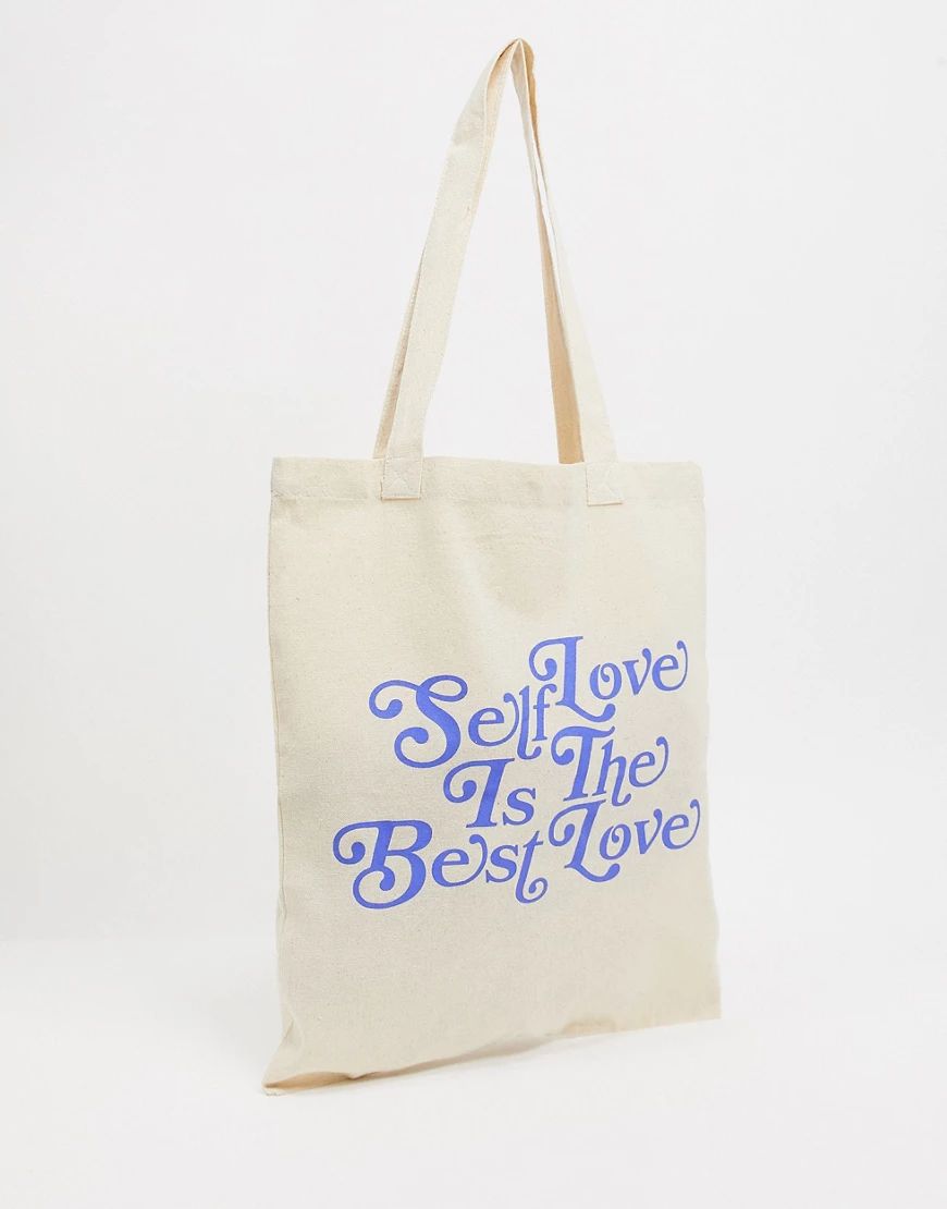 ASOS DESIGN heavyweight tote bag with self love print-Beige | ASOS (Global)