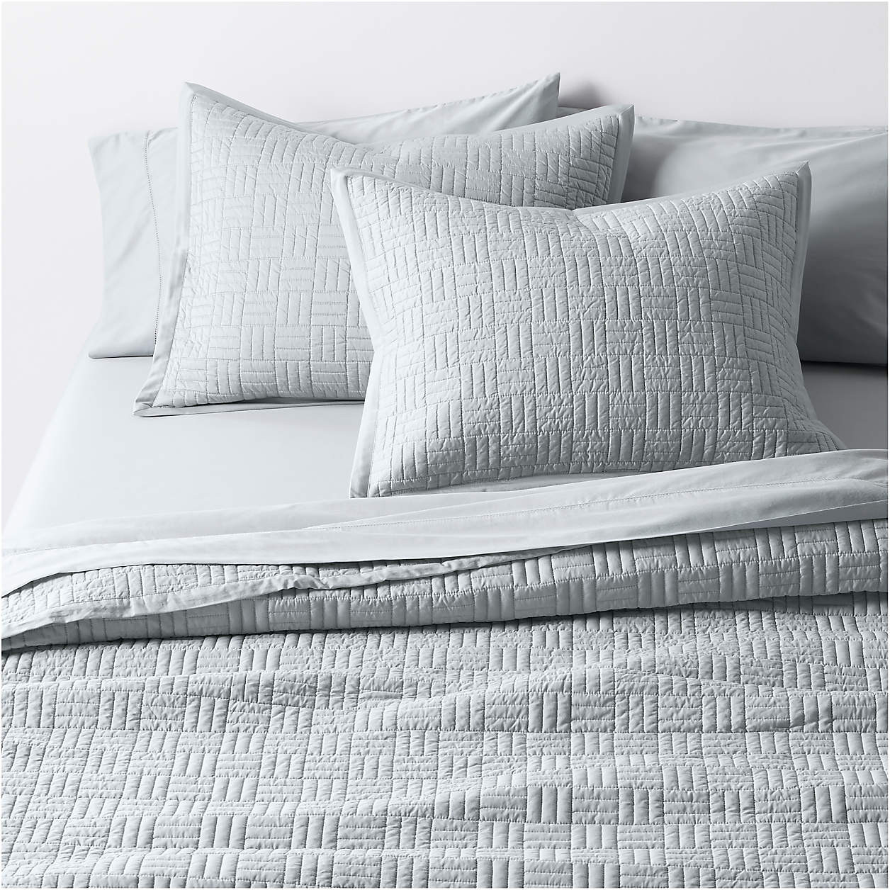 Serene Washed Organic Cotton Sateen Classic Stitch Light Mist Blue King Quilt + Reviews | Crate &... | Crate & Barrel