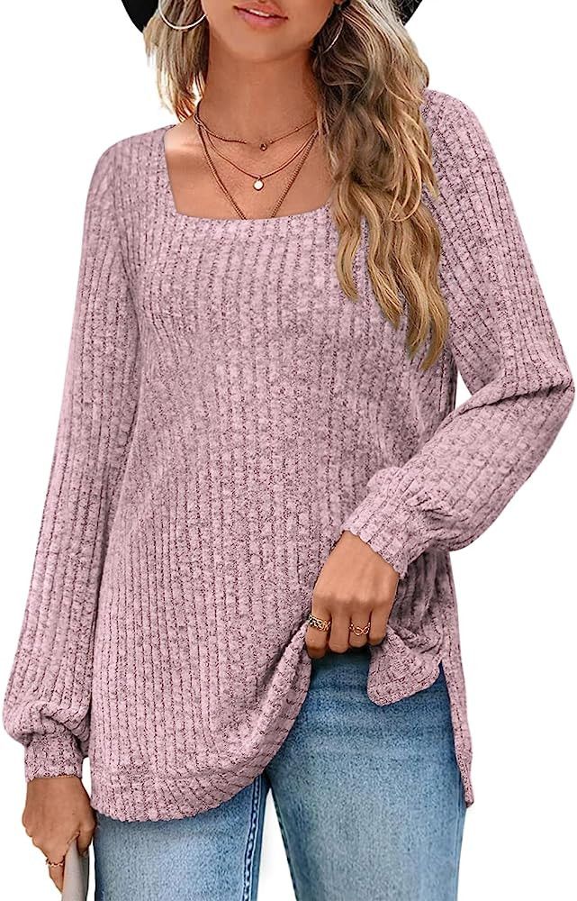 BZB Long Sleeve Tops for Women Square Neck Fall Tunic Sweaters Trendy 2023 S-2XL | Amazon (US)
