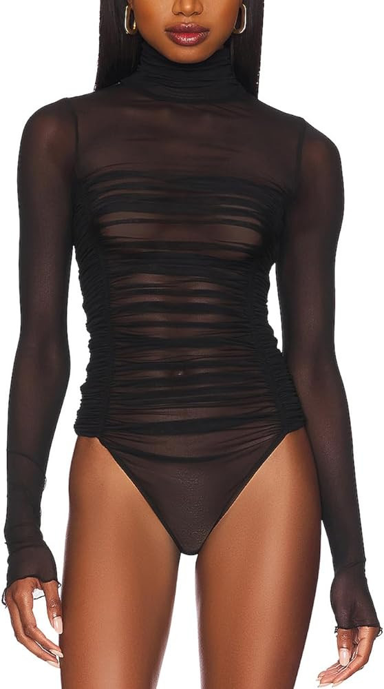 Ugerlov Women's Long Sleeve Mesh Bodysuit Mock Turtleneck See Through Jumpsuit Bodysuit Top Sheer... | Amazon (US)