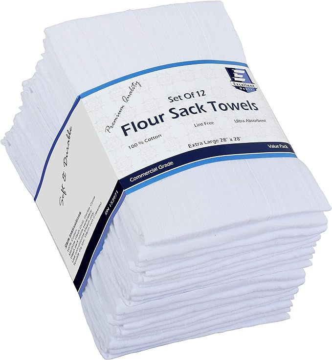 Flour Sack Kitchen Towels (White,12 Pack) 100% Cotton,28x28 Inch Cloth Napkin, Bread wrapper, Che... | Amazon (US)