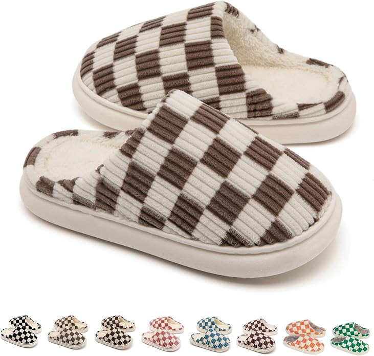 House Slippers for Women Men, Mens Slippers on Fuzzy House Slippers Memory Foam Checkered Slipper... | Amazon (US)