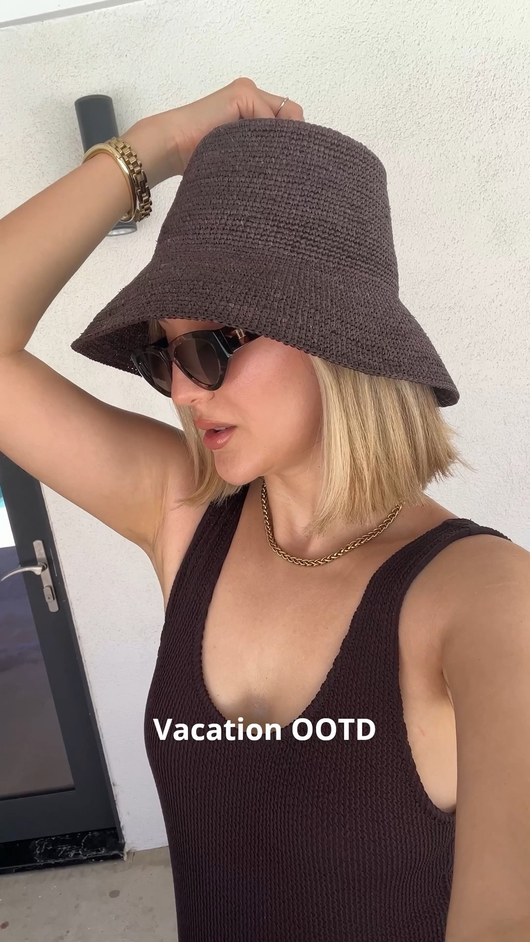 Vacation OOTD 

@teuxofficial sunglasses style DAWN in COFFEE & CRÈME
@janessaleone raffia bucket hat in DARK EARTH 
@jcrew one piece swimsuit
@maccosmetics lipliner STRIP DOWN and eye liner in COSTA RICHE
@ubeauty plasma lip complex FAWN 
@saintfatale rope chain necklace 
@analuisany watch strap bracelet and cuff
@ahavajewels earrings 
@thejewelrystandard rings

Sunglasses
Vacation outfits 
Beach vacation 
Swim 
Accessories 
Jewelry 
Sunglasses 
Brown outfit 
Chocolate Brown 
Resort looks
Brown Sunglasses 
Polarized sunglasses 
Brown hat 
Brown one piece swimsuit 
Gold watch strap bracelet 
Gold earrings 
Gold bracelets 
Gold chain necklace
Resort wear 
 

#LTKgrwm #LTKootd #LTKTravel