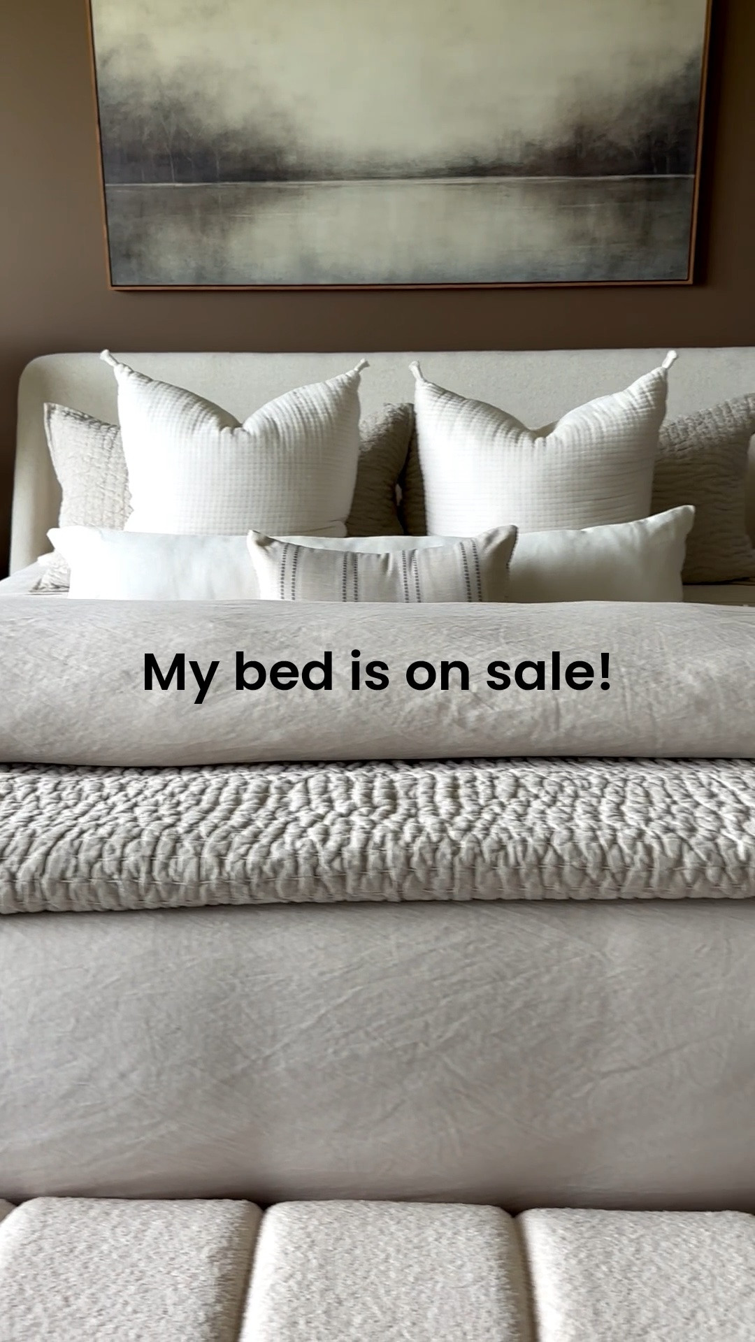 Bed On Sale! Love the mix of wood and boucle upholstery. I used oatmeal fabric with weathered gray wood. @Pottery Barn  bedding is @Quince

#LTKmorningroutine #LTKHome #LTKSaleAlert