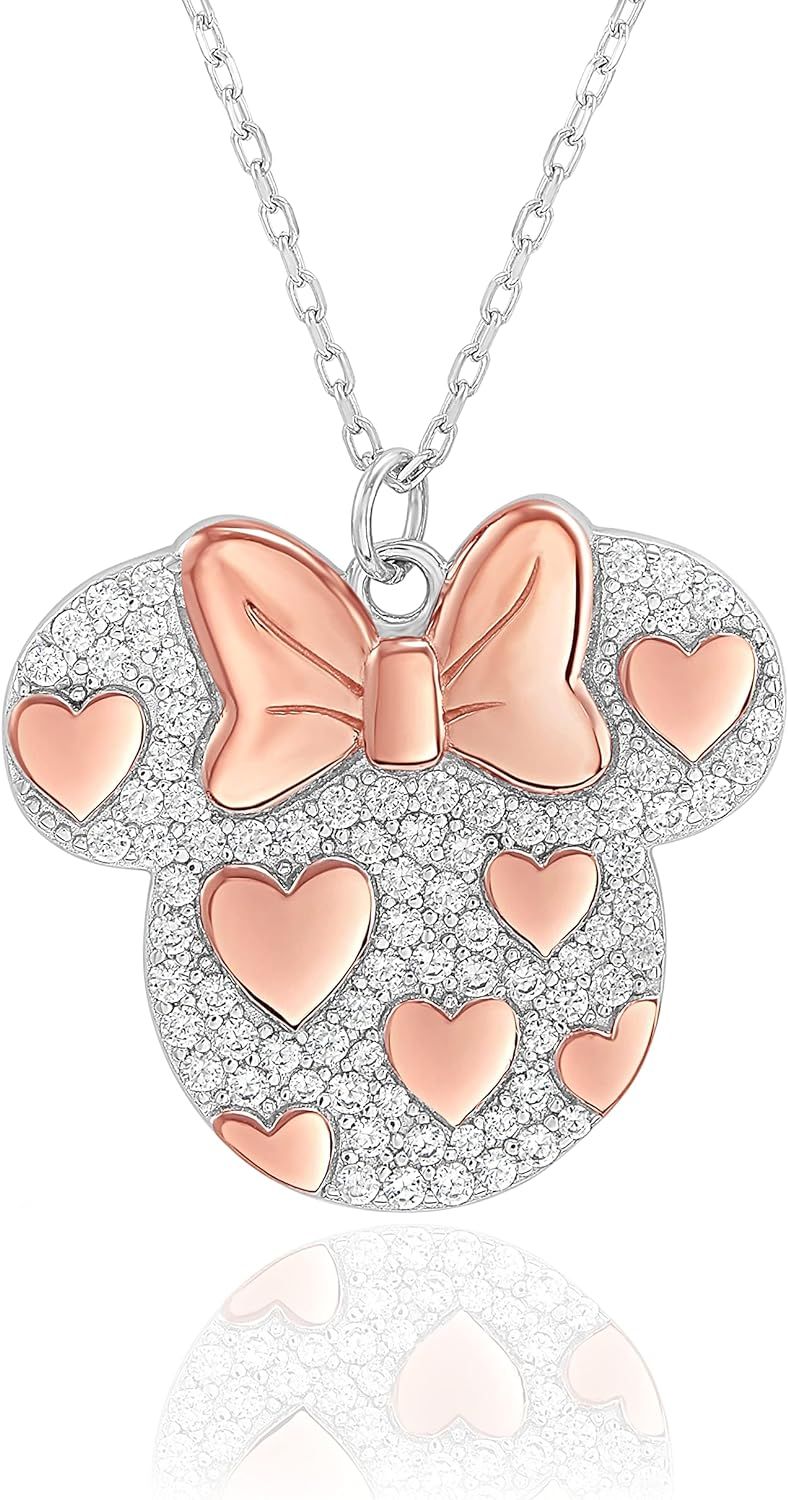 Disney Minnie Mouse Cubic Zirconia Two Tone Sterling Silver Necklace, Pink Plated Accents, 18" | Amazon (US)