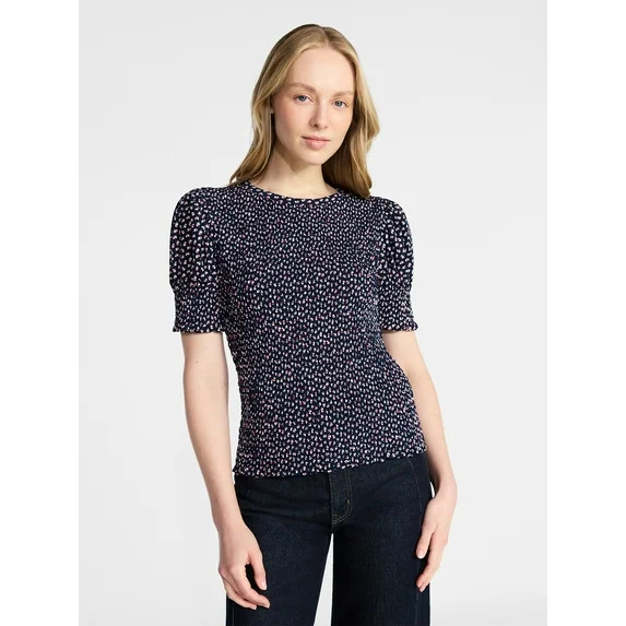 Time and Tru Women's Smocked Top with Short Puff Sleeves, Sizes XS-XXXL | Walmart (US)