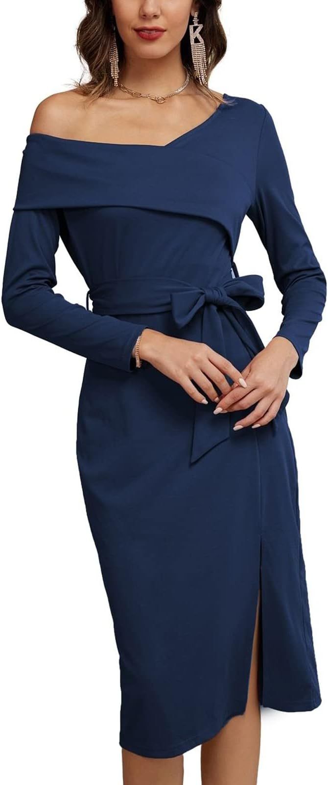 GRACE KARIN Womens Off Shoulder Cocktail Dress Asymmetrical Neck Long Sleeve Slit Pencil Dresses ... | Amazon (US)