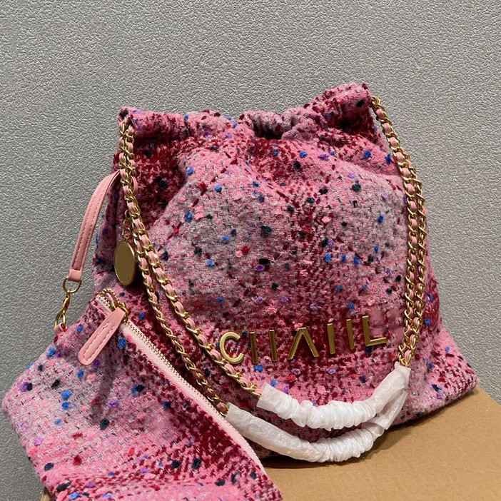 Womens Pink Woolen 22 Shopping Totes Bag Tweed Multicolor Quilted Woven Hardware Chain Large Capa... | DHGate