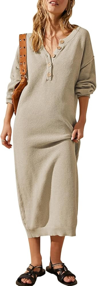 Women's 2023 Fall Sweater Dresses Button V Neck Batwing Long Sleeve Oversized Waffle Knit Maxi Dr... | Amazon (US)
