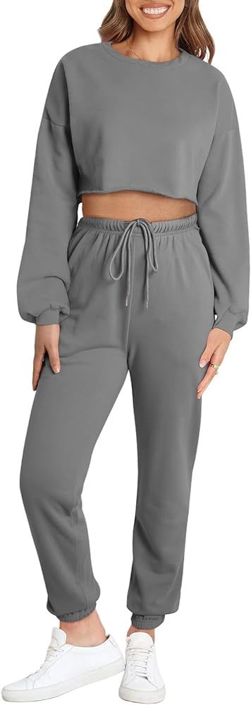 Aleumdr 2 Piece Outfits for Women Long Sleeve Crop Top Track Suits with Pants Jogger Matching Wor... | Amazon (US)