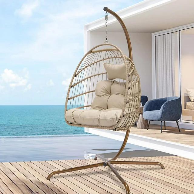 Nicesoul Rattan Swing Egg Chair Hanging Chair with Stand Beige 350 lbs Capacity Metal Frame | Walmart (US)