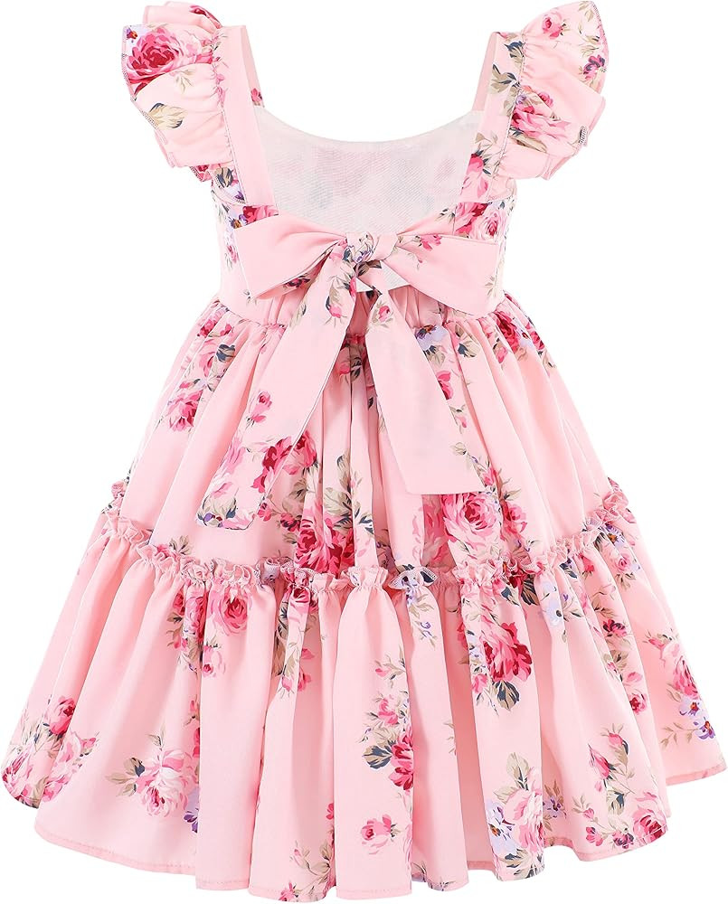 Flofallzique Floral Girls' Dress Summer Ruffle Sleeve Tie Back Casual Boho Sundress for Birtrhday... | Amazon (US)