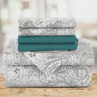 Lux Decor 6-Piece Microfiber Sheet Set Paisley Pattern with Deep Pocket Fitted Sheet and Pillowcases-King White Gray | The Home Depot