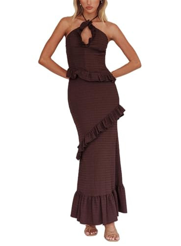Womens 2 Piece Maxi Skirt Set Y2k Halter Ruched Cami Top Tiered Flowy Ruffle Skirt 2025 Summer Beach Outfits (B Coffee,L) | Amazon (US)