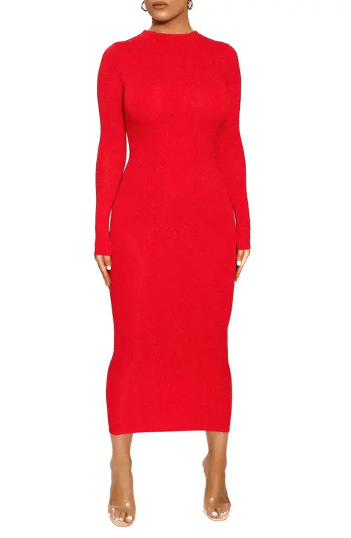 Naked Wardrobe Long Sleeve Midi Pencil Dress in Red at Nordstrom, Size Small | Nordstrom