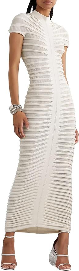 Atyfuniby Womens Sweater Bodycon Dresses Short Sleeve Crochet Knit Tube Sheer Stripe Mock Neck Mi... | Amazon (US)