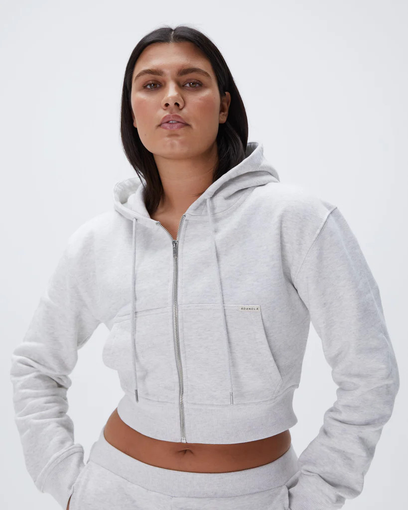 Full Zip Crop Hoodie - Light Grey Melange | Adanola UK