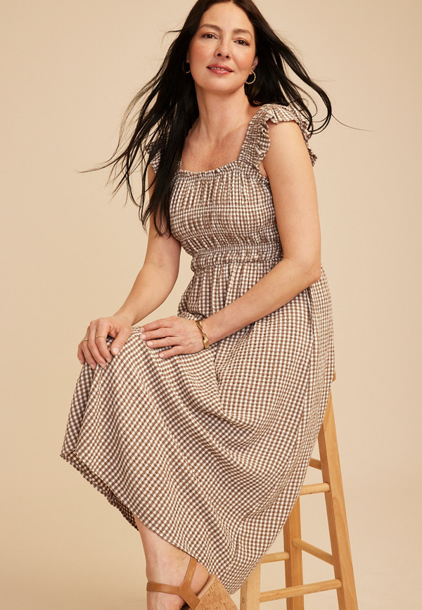 Gingham Micro Flutter Sleeve Midi Dress | Maurices