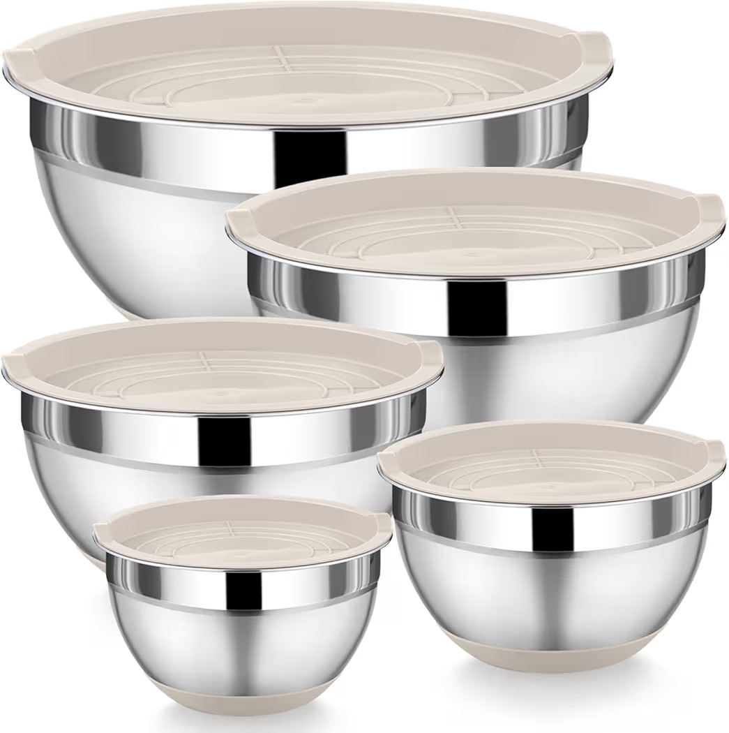 P&P CHEF Mixing Bowls with Lids Set of 5, Stainless Steel Nesting Salad Bowl with Lid & Base for ... | Amazon (US)