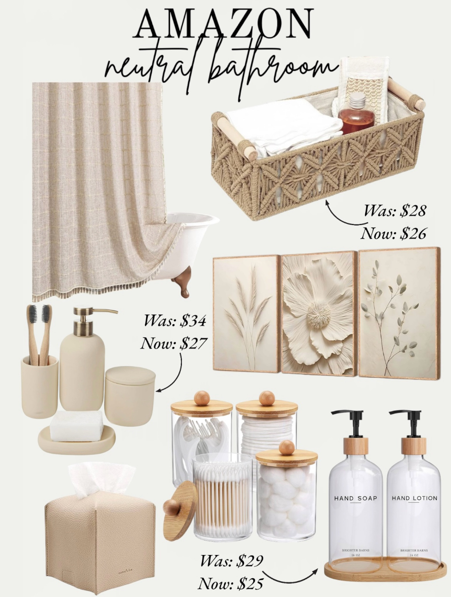 Amazon neutral bathroom favorites 🫶🏼

Beige shower curtain, above toilet basket, tissue box holder, canvas wall art, soap dispenser, storage basket, bathroom organizer, organization, bathroom accessories 

#LTKFindsUnder100 #LTKHome #LTKSaleAlert