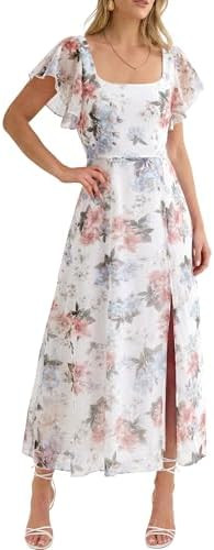 Caracilia Women Square Neck Floral Tulle Wedding Guest Bridemaid Dresses Summer Ruffle Sleeve Hig... | Amazon (US)