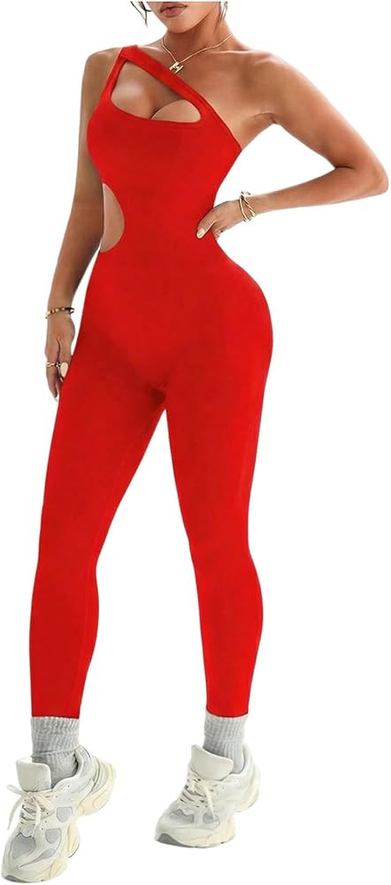 OYOANGLE Women's One Shoulder Sleeveless Jumpsuit Cut Out Skinny Seamless Workout Gym Yoga Leggin... | Amazon (US)