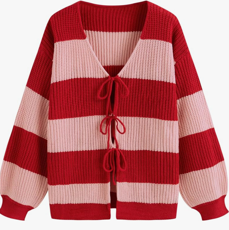 CIDER Cardigan Sweater for Women Tie Front Striped Long Sleeve V Neck Cute Y2k Fall Trendy Outfits womens outfit ideas for Christmas party Christmas eve fun striped top for going out date night cutesy pink and red  

 #LTKHoliday #LTKSeasonal #LTKStyleTip